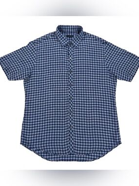 Zachary Prell Men L Shirt Short Sleeve Gingham Blue Plaid 100% Linen Button Down